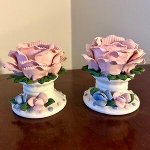 Set Of 2 Vintage Shabby Chic Capodimonte Style Bisque Rose Floral Candle Holders